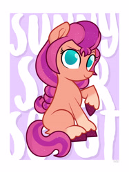 Size: 2998x3998 | Tagged: safe, artist:tokkii, artist:twxly, derpibooru exclusive, imported from derpibooru, sunny starscout, earth pony, pony, abstract background, female, g4 style, g5, looking at you, raised hoof, sitting, smiling, solo