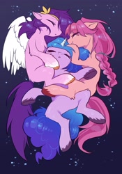 Size: 1431x2048 | Tagged: safe, artist:swaybat, imported from derpibooru, izzy moonbow, pipp petals, sunny starscout, earth pony, pegasus, pony, unicorn, abstract background, braid, chest fluff, cuddling, eyes closed, female, floppy ears, g5, mare, pipp, sleeping, spread legs, spreading, unshorn fetlocks, wings