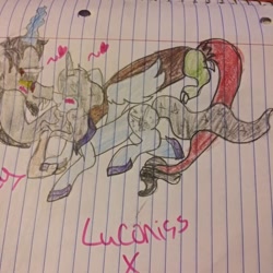 Size: 1080x1080 | Tagged: safe, artist:coco_loves_art, artist:cocolove2176, imported from derpibooru, discord, oc, draconequus, pony, unicorn, blushing, canon x oc, colored hooves, heart, horn, lined paper, male, traditional art, unicorn oc