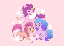 Size: 1108x800 | Tagged: safe, artist:celesse, imported from derpibooru, izzy moonbow, pipp petals, sunny starscout, earth pony, pegasus, pony, unicorn, cute, female, g5, g5 movie, heart, mare, one eye closed, open mouth, pink background, pipp, simple background, trio, wink