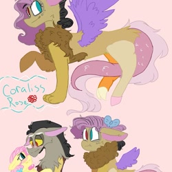 Size: 899x899 | Tagged: safe, artist:coco_loves_art, artist:cocolove2176, imported from derpibooru, discord, oc, oc:coraliss rose, draconequus, hybrid, pegasus, pony, bust, draconequus oc, heart, heterochromia, interspecies offspring, male, offspring, parent:discord, parent:fluttershy, parents:discoshy, pink background, simple background, smiling