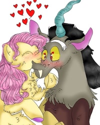 Size: 540x676 | Tagged: safe, alternate version, artist:coco_loves_art, artist:cocolove2176, imported from derpibooru, discord, fluttershy, draconequus, pegasus, pony, blushing, chest fluff, discoshy, eyes closed, female, heart, holly, male, mare, shipping, simple background, smiling, straight, white background