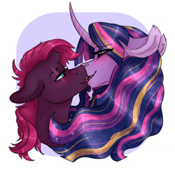 Size: 1280x1280 | Tagged: safe, artist:periwinklechick, imported from derpibooru, tempest shadow, twilight sparkle, alicorn, pony, unicorn, broken horn, bust, female, horn, kissing, lesbian, mare, shipping, tempestlight, twilight sparkle (alicorn)