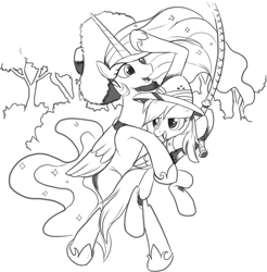 Size: 1216x1234 | Tagged: safe, artist:nauyaco, imported from derpibooru, daring do, princess celestia, alicorn, pegasus, pony, black and white, duo, ethereal mane, female, grayscale, hat, jungle, lineart, mare, monochrome, rope, sun hat, swinging, windswept mane