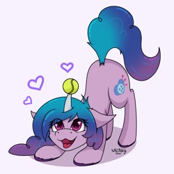 Size: 2500x2500 | Tagged: safe, artist:zackwhitefang, imported from derpibooru, izzy moonbow, pony, unicorn, spoiler:g5, spoiler:g5 movie, backwards cutie mark, ball, behaving like a dog, face down ass up, female, floppy ears, g5, g5 movie, heart, high res, horn, horn guard, horn impalement, hornball, izzy's tennis ball, izzybetes, mare, open mouth, play bow, signature, simple background, solo, tennis ball, that pony sure does love tennis balls, tongue out, white background