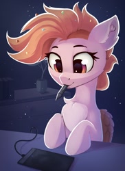 Size: 946x1298 | Tagged: safe, artist:anti1mozg, imported from derpibooru, oc, oc only, pegasus, pony, chest fluff, drawing tablet, female, mare, mouth hold, solo