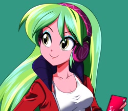 Size: 2191x1898 | Tagged: safe, artist:danmakuman, imported from derpibooru, lemon zest, equestria girls, breasts, bust, cellphone, close-up, clothes, female, green background, headphones, jacket, phone, portrait, shirt, simple background, smiling, solo