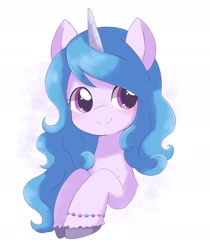 Size: 1624x1937 | Tagged: safe, artist:arrow__root, artist:ginmaruxx, imported from derpibooru, izzy moonbow, pony, unicorn, blushing, bracelet, bust, cute, female, g5, izzybetes, jewelry, mare, portrait, simple background, smiling, solo, white background
