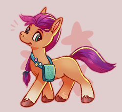 Size: 950x872 | Tagged: safe, artist:felinar_mrlemur, imported from derpibooru, sunny starscout, earth pony, pony, abstract background, female, g5, mare, shoulder bag, smiling, solo