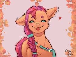 Size: 2000x1500 | Tagged: safe, artist:jaynsparkle, imported from derpibooru, sunny starscout, earth pony, pony, :p, beanbrows, chest fluff, eyebrows, female, floppy ears, g5, heart, looking at you, shoulder bag, smiling, smiling at you, solo, tongue out