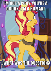 Size: 452x626 | Tagged: safe, edit, imported from derpibooru, screencap, sunset shimmer, pony, unicorn, equestria girls, equestria girls series, forgotten friendship, bag, bipedal, caption, cropped, drunk, drunker shimmer, faic, female, go home you're drunk, image macro, losing balance, majestic as fuck, saddle bag, shrunken pupils, solo, text, twilight's castle