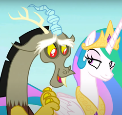 Size: 606x572 | Tagged: safe, imported from derpibooru, screencap, discord, princess celestia, alicorn, draconequus, pony, the ending of the end, amused, celestia is amused, cropped, cute, discute, duo, fangs, female, male, open mouth, puppy dog eyes