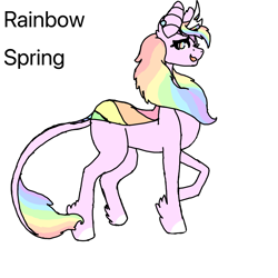 Size: 1737x1737 | Tagged: source needed, safe, artist:rainbow spring, imported from derpibooru, oc, oc only, unnamed oc, kirin, big ears, derpibooru avatar, do not steal, kirin oc, my style, pastel, pink fur, rainbow, rainbow pastel, simple background, text, white background