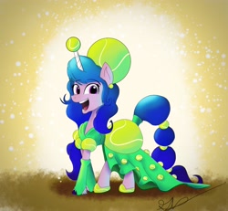 Size: 3250x3007 | Tagged: safe, artist:brogararts, imported from derpibooru, izzy moonbow, pony, unicorn, spoiler:g5, spoiler:g5 movie, ball, ballgown, clothes, dress, ear piercing, fashion, female, flanderization, g5, g5 movie, high res, horn, horn guard, horn impalement, hornball, izzy's tennis ball, looking at you, majestic as fuck, open mouth, piercing, pun, signature, solo, tennis ball, that pony sure does love tennis balls