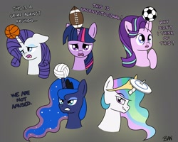Size: 2500x2004 | Tagged: safe, artist:banquo0, imported from derpibooru, princess celestia, princess luna, rarity, starlight glimmer, twilight sparkle, alicorn, pony, unicorn, american football, ball, basketball, bust, female, football, frisbee, g5, gray background, horn, horn guard, horn impalement, hornball, luna is not amused, mare, simple background, soccer ball (object), sports, text, trollestia, unamused, volleyball