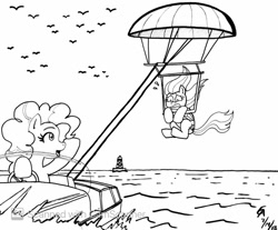 Size: 900x745 | Tagged: safe, artist:mayorlight, imported from derpibooru, fluttershy, pinkie pie, earth pony, pegasus, pony, boat, female, gritted teeth, ink drawing, mare, monochrome, ocean, parasailing, scared, this will not end well, traditional art