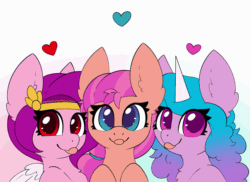 Size: 1160x845 | Tagged: safe, artist:miss-jessiie, artist:pegamutt, imported from derpibooru, izzy moonbow, pipp petals, sunny starscout, earth pony, pegasus, pony, unicorn, :p, adorapipp, animated, chest fluff, colored pupils, cute, female, g5, heart, izzybetes, looking at you, mare, multicolored hair, pipp, sunnybetes, tongue out