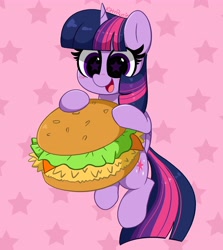 Size: 3652x4096 | Tagged: safe, artist:kittyrosie, imported from derpibooru, twilight sparkle, alicorn, pony, blushing, burger, cute, food, hamburger, open mouth, solo, starry eyes, that pony sure does love burgers, twiabetes, twilight burgkle, twilight sparkle (alicorn), wingding eyes