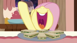 Size: 2080x1170 | Tagged: safe, imported from derpibooru, screencap, fluttershy, pony, discordant harmony, food, mawshot, open mouth, oral invitation, sandwich, solo, uvula, volumetric mouth