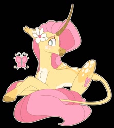 Size: 1166x1312 | Tagged: safe, artist:jillxwolfe, imported from derpibooru, fluttershy, classical unicorn, pony, unicorn, black background, cloven hooves, curved horn, cute, female, flower, flower in hair, horn, leonine tail, looking at you, lying down, mare, pale belly, prone, race swap, shyabetes, simple background, solo, unicorn fluttershy, unshorn fetlocks