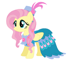 Size: 533x452 | Tagged: safe, artist:selenaede, artist:unicornsmile, imported from derpibooru, fluttershy, pegasus, pony, alternate hairstyle, base used, blue dress, clothes, cute, dress, ear piercing, earring, flower, flower in hair, hat, jewelry, piercing, shyabetes, simple background, solo, white background