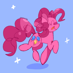 Size: 2048x2048 | Tagged: safe, artist:rubyg242, imported from derpibooru, pinkie pie, earth pony, pony, blue background, cute, diapinkes, eyes closed, female, mare, ponk, profile, simple background, smiling, solo, tongue out, walking