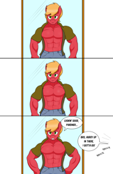 Size: 1536x2374 | Tagged: safe, artist:matchstickman, imported from derpibooru, big macintosh, anthro, earth pony, abs, admiration, biceps, clothes, comic, commission, dialogue, flexing, great macintosh, male, mirror, muscles, muscular male, offscreen character, pec flex, pecs, reflection, shirt, simple background, solo, speech bubble, stallion, unbuttoned, white background