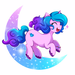 Size: 3600x3600 | Tagged: safe, artist:autumn rush, imported from derpibooru, izzy moonbow, pony, unicorn, spoiler:g5, abstract background, backwards cutie mark, cute, eyes closed, female, g5, high res, izzybetes, mare, open mouth, profile, solo, sparkles, unshorn fetlocks