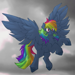 Size: 767x768 | Tagged: safe, artist:pigeorgien, imported from derpibooru, rainbow dash, demon, demon pony, pegasus, pony, secrets and pies, adorapiehater, angry, chest fluff, cloud, cute, dashabetes, evil pie hater dash, female, fluffy, flying, hoof fluff, mare, scene interpretation, solo, spread wings, unshorn fetlocks, wings