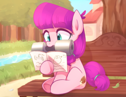 Size: 3600x2761 | Tagged: safe, artist:maren, imported from derpibooru, lily longsocks, earth pony, pony, adorasocks, barbell, bench, cute, earth pony strength, eyes closed, female, filly, lilydorable, manual, mouth hold, reading, river, sitting, solo, strength, strong, super strength, tree, weight, weights