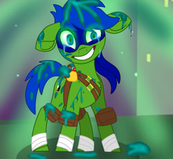 Size: 1280x1176 | Tagged: safe, artist:lynesssan, artist:lynnthenerdkitty, imported from derpibooru, earth pony, pony, base used, crossover, crying, forced smile, grin, leonardo, mutation, ooze, ponified, smiling, story included, teenage mutant ninja turtles