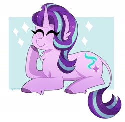 Size: 1938x1890 | Tagged: safe, artist:ayveestars, artist:emera33, imported from derpibooru, starlight glimmer, classical unicorn, pony, unicorn, chest fluff, cloven hooves, cute, ear fluff, eyes closed, glimmerbetes, leg fluff, leonine tail, lying down, prone, sitting, smiling, solo, unshorn fetlocks