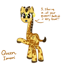 Size: 1200x1200 | Tagged: safe, artist:dafiltafish, imported from derpibooru, oc, oc only, oc:queen imani, giraffe, blushing, butt, female, lewd, plot, simple background, solo, talking to viewer, white background