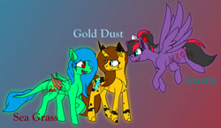 Size: 1280x743 | Tagged: safe, artist:mamabird94, imported from derpibooru, oc, oc only, oc:gold dust, oc:insana, oc:sea grass, pegasus, pony, unicorn, female, mare, watermark