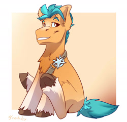 Size: 2354x2266 | Tagged: safe, artist:sunstriderart, imported from derpibooru, hitch trailblazer, earth pony, pony, spoiler:g5, abstract background, chest fluff, ear fluff, g5, high res, looking at you, male, signature, sitting, smiling, solo, stallion, unshorn fetlocks