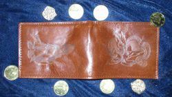 Size: 3325x1870 | Tagged: safe, alternate version, artist:malte279, imported from derpibooru, part of a set, princess celestia, griffon, coin, craft, fantasy class, leather, pyrography, traditional art, wallet, warrior