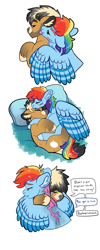 Size: 1200x3000 | Tagged: safe, artist:loryska, imported from derpibooru, quibble pants, rainbow dash, pony, cuddling, ear fluff, female, hug, implied oc, licking, male, pregnant, quibbledash, scar, shipping, simple background, sleeping, straight, tongue out, white background, winghug, wings