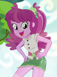 Size: 1280x1729 | Tagged: safe, artist:daarkenn, imported from derpibooru, cheerilee, equestria girls, clothes, female, hand on hip, open mouth, shirt, skirt, solo, tree