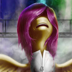 Size: 339x336 | Tagged: safe, artist:abluskittle, imported from derpibooru, scootaloo, oc, oc only, oc:absentia, pegasus, fanfic:pegasus device, fanfic:rainbow factory, cropped, crying, factory uniform, looking up, not fluttershy, older, older scootaloo, pegasus device, white suit