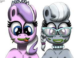 Size: 2048x1536 | Tagged: safe, artist:darkyboode32, imported from derpibooru, diamond tiara, silver spoon, earth pony, pony, best friends, duo, duo female, female, females only, filly, glasses, grass, grin, horses doing horse things, jewelry, lipstick, necklace, simple background, smiling, tiara, tongue out, white background