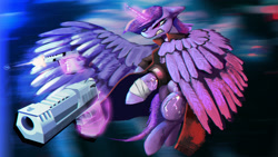 Size: 4009x2255 | Tagged: safe, artist:filly909, artist:imadeus, imported from derpibooru, twilight sparkle, alicorn, pony, blood, bullet, clothes, coat, female, fight, flying, gun, gunshot, handgun, large wings, magic, mare, pistol, solo, twilight sparkle (alicorn), weapon, wings