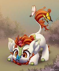 Size: 2000x2400 | Tagged: safe, artist:symbianl, imported from derpibooru, autumn blaze, butterfly, kirin, :3, awwtumn blaze, big ears, butterfly on nose, cute, cute little fangs, face down ass up, fangs, female, filly, insect on nose, solo, symbianl is trying to murder us, younger