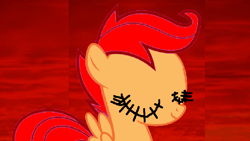 Size: 960x540 | Tagged: safe, artist:angrymetal, imported from derpibooru, scootaloo, pegasus, pony, .exe, 1000 hours in ms paint, creepypasta, female, filly, recolor, red background, sally.exe, simple background, smiling, stitched eyes, stitches