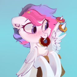 Size: 2041x2048 | Tagged: safe, artist:_mpiesocks, artist:raily, imported from derpibooru, oc, oc only, pegasus, pony, barrette, candy, donut, food, package, solo, sweets