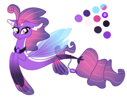 Size: 1280x996 | Tagged: safe, artist:fallsplash, imported from derpibooru, oc, oc only, seapony (g4), chains, clothes, colored pupils, colored wings, dorsal fin, eyelashes, female, fin wings, fins, fish tail, flowing tail, fusion, jewelry, necklace, open mouth, see-through, simple background, solo, tail, transparent background, wings