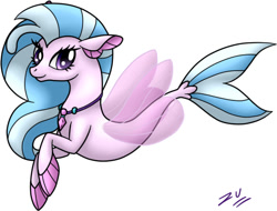 Size: 571x433 | Tagged: safe, artist:natura-aranza, imported from derpibooru, silverstream, seapony (g4), blue mane, blue tail, clothes, female, fin wings, fins, fish tail, flowing mane, flowing tail, jewelry, looking at you, necklace, purple eyes, seapony silverstream, see-through, signature, simple background, smiling, solo, speedpaint, tail, white background, wings