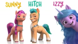 Size: 1280x720 | Tagged: safe, imported from derpibooru, screencap, hitch trailblazer, izzy moonbow, sunny starscout, earth pony, pony, unicorn, spoiler:g5, female, g5, male, mare, name, stallion