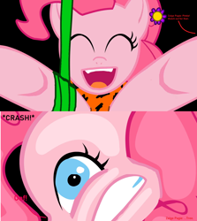 Size: 1278x1430 | Tagged: safe, artist:pagiepoppie12345, imported from derpibooru, pinkie pie, crash, eyes closed, flower, flower in hair, fourth wall, george of the jungle, gritted teeth, implied zalgo pagie, jungle, jungle girl, jungle pony, leopard print, looking at you, ouch, reference used, smiling, sound effect, swinging, tarzan, vine