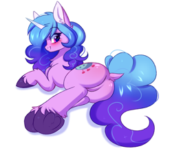 Size: 2672x2340 | Tagged: safe, artist:pesty_skillengton, imported from derpibooru, izzy moonbow, pony, unicorn, blushing, butt, chest fluff, cute, dock, ear fluff, featureless crotch, female, frog (hoof), g5, heart, heart eyes, high res, horn, izzy moonbutt, izzybetes, looking at you, looking back, looking back at you, mare, plot, simple background, smiling, solo, underhoof, unshorn fetlocks, white background, wingding eyes