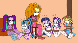 Size: 2297x1255 | Tagged: safe, artist:bugssonicx, imported from derpibooru, adagio dazzle, aria blaze, sonata dusk, starlight glimmer, sunset shimmer, twilight sparkle, equestria girls, ariasub, bondage, bound and gagged, cloth gag, clothes, female, femsub, footed sleeper, footie pajamas, gag, help us, kidnapped, nightgown, onesie, otn gag, over the nose gag, pajamas, pole tied, rope, rope bondage, socks, sonatasub, stocking feet, subdagio, sublight glimmer, submissive, subset, the dazzlings, tied to chair, tied up, twisub